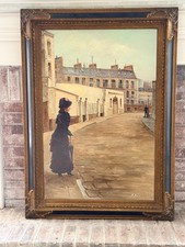 Large Vintage Parisian Street Scene Oil Painting of Victorian Woman in Ornate Gi picture