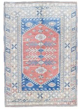 Entryway Rug 4.1x5.5 ft – Vintage Turkish Oushak Rose Blue Hand-Knotted Wool picture