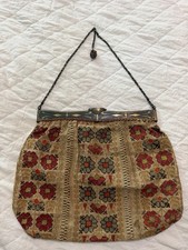 Antique1900s bronze intricate embroidered handbag lined Carpet Tapestry Purse picture