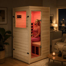 Mini Far Infrared Sauna Poplar Wood Red Light Therapy Low EMF for 1 Person 905W picture