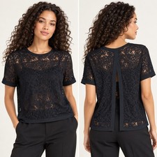 Generation Love Black Floral Lace Sheer Open Back Blouse Romantic Evening Top L picture