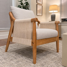Scandinavian Modern Accent Chair Solid Wood Frame Woven Rope Arms Beige Cushions picture