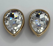  Vintage SAL Swarovski Clip On Earrings Clear Rhinestone Gold Tone Teardrop READ picture