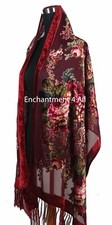 Elegant 100% Silk Burnout Velvet Vintage Floral Oblong Scarf Shawl Wrap,Burgundy picture