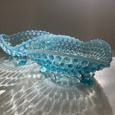 Vintage Fenton Blue Opalescent Hobnail Footed Candy Dish Triangle Bon Bon Bowls picture