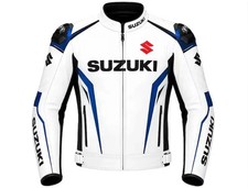 Suzuki Men's White Leather Riding Motorcycle Racing Jacket | CE Armored Sport picture