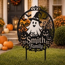 Personalized Halloween Metal Yard Sign, Custom Family Name Garden Stake picture