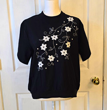 BonWorth Vintage Black Short Sleeve Top Floral Embroidery Faux Pearls Grannycore picture