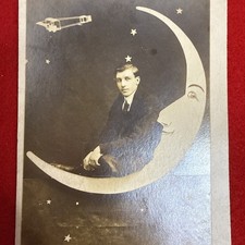 Antique 1910s Paper Moon RPPC Postcard Man & Early Biplane Novelty Photo AZO Up picture