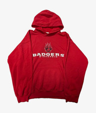Vintage Wisconsin Badgers Hoodie Red Large Gildan Heavy Blend Flame Tribal Y2K  picture