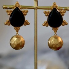 Vintage French-style exclusive black onyx golden ball pendant earrings picture