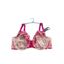 Cacique Unlined Balconette Bra 46DD Pink Red Floral Embroidered Sheer Mesh NWT picture
