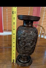  Antique Japanese Meiji Period BronzeVase High Relief Bird Floral Design Signed  picture