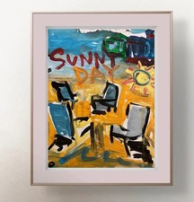 OMAN Original Painting Abstract Beach Sunny Day Chairs Pop Folk Art Paper 8.5x11 picture