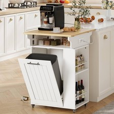 HOOBRO Rolling Kitchen Island with Trash Storage, Drop Leaf, White picture