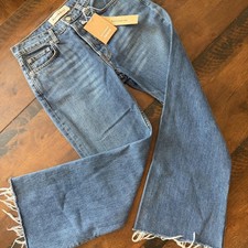 Reformation Jeans Womens 26 Blue Mid Crop Flare Baltic Raw Frayed Hem Denim picture