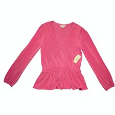 ON•34TH Azalea Pink Pleated Faux Wrap Peplum Top Party Blouse NWT Size Small picture
