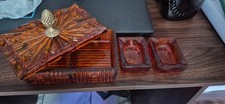 vintage Mid-Century Fostoria Amber Pressed Glass Cigarette Box and Ashtray Set picture