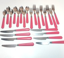 Vintage 24-Piece Pink Handle Flatware Set Knives Forks Spoons Stainless Steel  picture