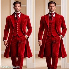 3‑Piece Men Suit Set for Red Carpet Red Velvet Long Overcoat Wedding Groom Prom picture