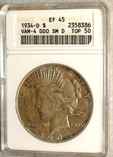 1934 D Peace Silver Dollar ANACS EF45 VAM 4 DDO $1 Coin IN SOAP BOX HOLDER picture