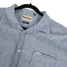Barbour Mens Nelson Regular Blue Linen Cotton Short Sleeve Button Up Shirt sz M picture