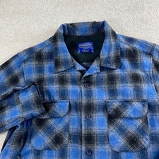 Pendleton Board Shirt Mens Large Blue Black Plaid Fitted Wool Button Up 1982 picture