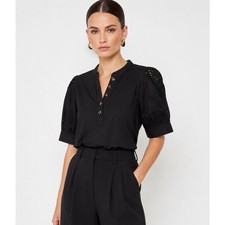 CeCe Black Elbow Puff Sleeve Mixed Media Eyelet Top NWT L picture