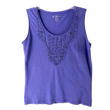NWT Chico's Cotton Knit Tank Top PURPLE w/GUNMETAL BEADED Cut-Piece Trim SZ 2 picture