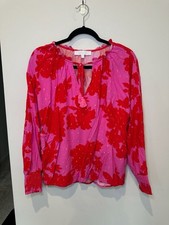 Sugarlips Pink and Red Floral Print Long Sleeve Split Neck Blouse with Gold picture