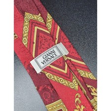 Vintage 1990s Gianni Versace Tie Red Gold Baroque Geometric Silk Italy picture