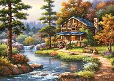 Canvas art print giclée poster pillow. mountain creek cabin near lake picture