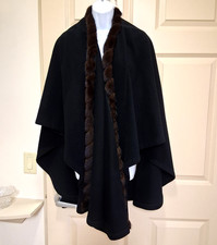 Marvin Richards Black Wool Cashmere Cape with Mink Fur Trim Winter Luxury Style picture