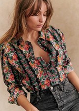 Sézane Pierro Long Sleeve Button-Down Shirt Black Striped Floral Womens Sz EU 34 picture