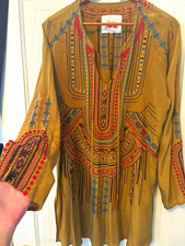 Johnny Was Brown Chiffon Embroidered V-Neck Tie Long Sleeve Blouse L picture