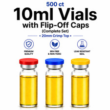 500 Ct 10ml Vials w/ Flip Off Caps & Rubber Stoppers Lab Glass Bottles picture