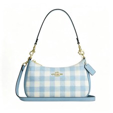 COACH Teri Shoulder Bag Gingham Print Jacquard Blue CES65 Ships From US picture