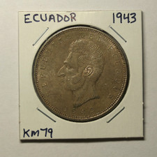 1943 Ecuador Cinco 5 Sucres .720 / .5787 Silver 25 Grams M Mexico Mint KM#79 picture