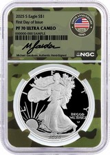 2025 S $1 Proof Silver Eagle NGC PF70 UCAM FDOI Gaudioso Signed Army Camo Core picture