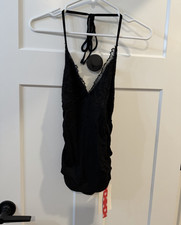 CIDER Black Lace Halter Top S NWT Ruched Deep V Neck Y2K Going Out Top picture