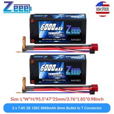 2xZeee 2S Shorty Lipo Battery 6000mAh 7.6V 120C 5mm Bullet T Plug for RC 1/10Car picture