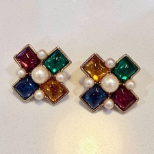 Vintage Monet Maltese Cross Cabochon Faux Pearl Post Earrings picture