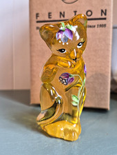 NIB Fenton Handmade Glass Cat Figurine Amber Purple Flowers Signed J. Cutshaw picture