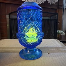 VTG Fenton Olde Virginia Blue Fine Cut and Block Fairy Lamp Light VHTF picture