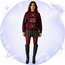 Vintage 60s 70s Italian Burgundy Wool Fair Isle Sweater S/M picture
