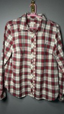 Talbots Petites Women’s MP Red Ivory Plaid Button Down Shirt Long Sleeve Holiday picture