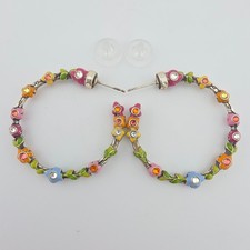 BRIGHTON 'Flower Child' Hoop Earrings Crystal Multi-Color Enamel Silver Plate picture