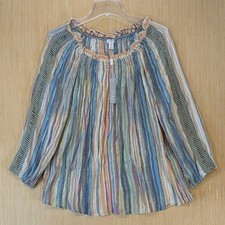 Spense Women's Multi Color Striped Peasant Blouse Crochet Detail Top Size L New picture