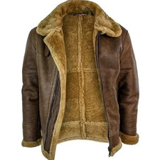 Men's Brown RAF Fur Shearling Bomber Aviator Flight Real Sheepskin Leather Coat picture