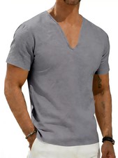 Men's Full Size Casual V-Neck Linen T-Shirt Plus Size picture